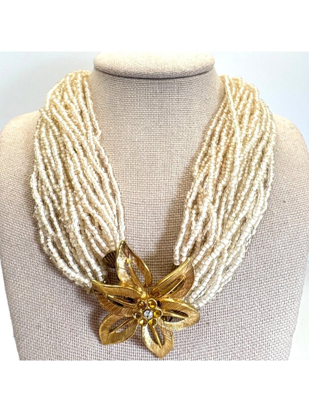 Multi-Strand White Bead Vintage Necklace Floral Flower Design Hook Clasp 24" Len